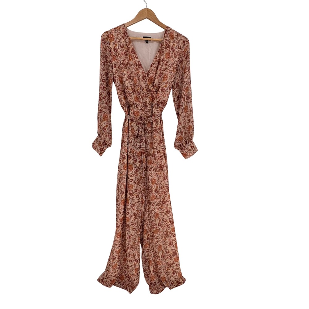 On Twelfth Floral Wide Leg Jumpsuit Womens Medium Rust Boho Metallic Long Sleeve - Picture 2 of 13